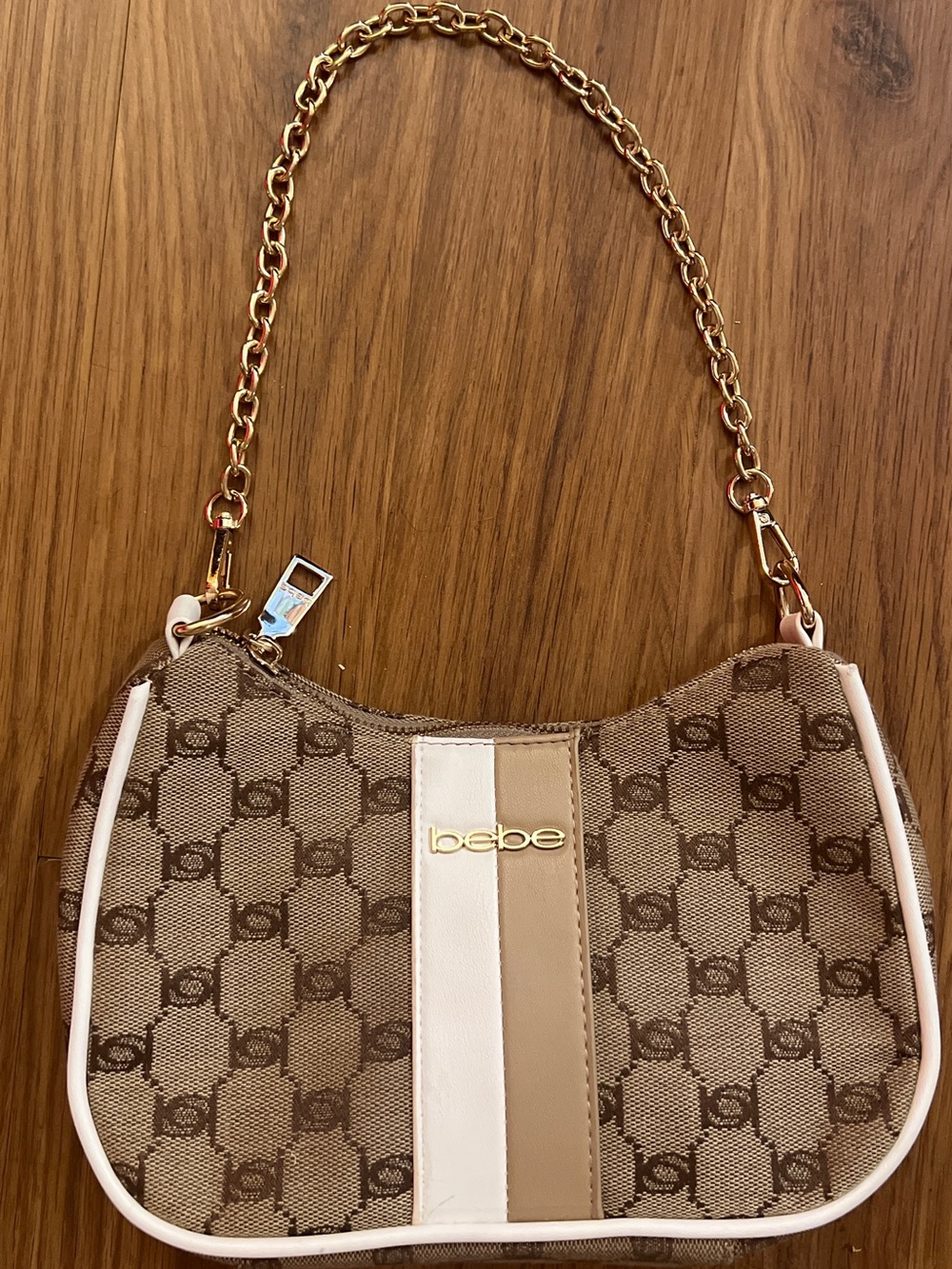 Bebe Y2K Monogram Baguette Shoulder Bag Gold Chain Brown Cream Logo Purse